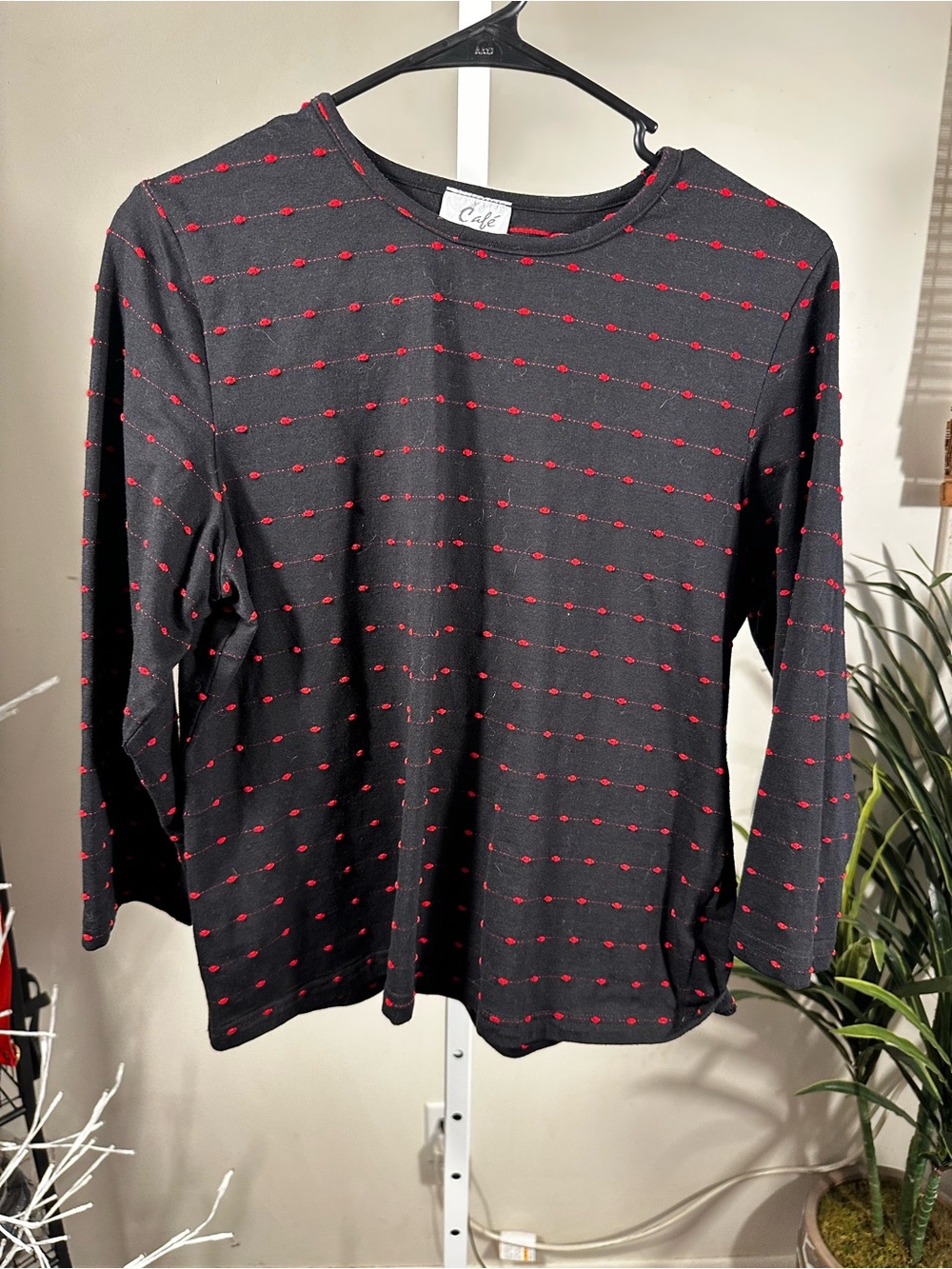 P350. CAFE au Lait  Black Long Sleeve Top with Red Dot Stripes